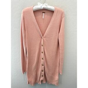 FREE PEOPLE Pink Ribbed Longline Cardigan Sweater Button Front Lightweight | XL